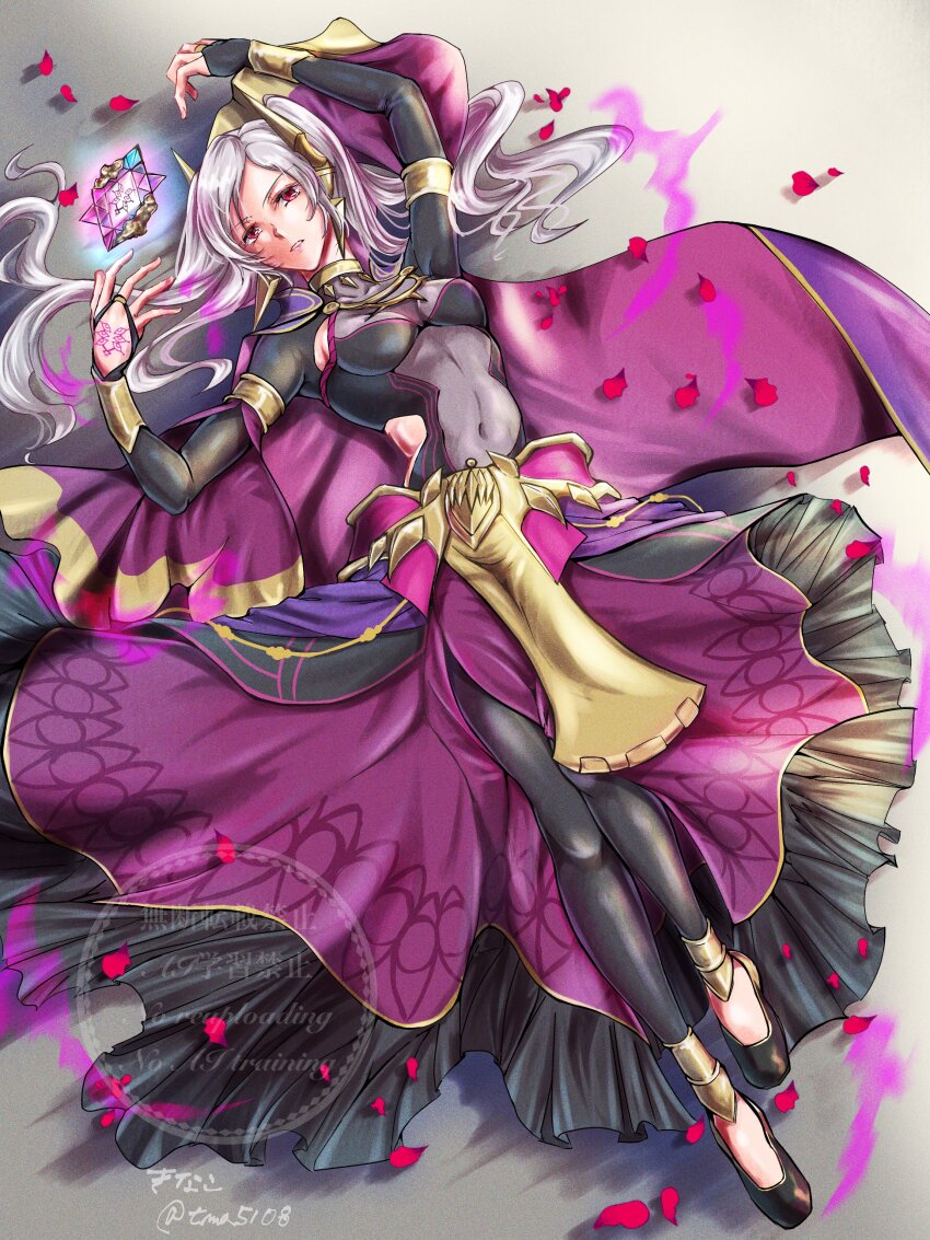 1girl absurdres black_leggings bodystocking breasts bridal_gauntlets cape covered_navel dark_persona dragonstone eyes_of_grima female_robin_(fire_emblem) female_robin_(grima)_(fell_tactician)_(fire_emblem) female_robin_(grima)_(fire_emblem) fire_emblem fire_emblem_awakening fire_emblem_cipher fire_emblem_heroes glowing hand_tattoo highres kinako_5108 leggings long_hair looking_at_viewer lying medium_breasts navel nintendo official_alternate_costume on_back parted_lips petals purple_cape red_eyes see-through_cleavage see-through_clothes shoes solo tattoo twintails white_hair