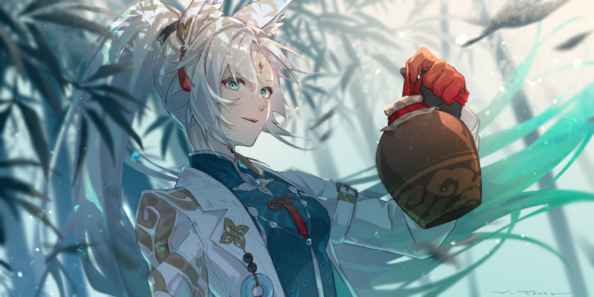 absurdres animal_ear_fluff animal_ears blue_shirt breasts eyeshadow feixiao_(honkai:_star_rail) fox_ears fox_girl gloves gradient_hair green_eyes green_hair grey_hair grey_jacket highres honkai:_star_rail honkai_(series) jacket large_breasts long_hair long_sleeves looking_at_viewer makeup multicolored_hair open_clothes open_jacket open_mouth print_jacket red_eyeshadow red_gloves shirt sleeveless sleeveless_shirt very_long_hair yama_ta_yomogi