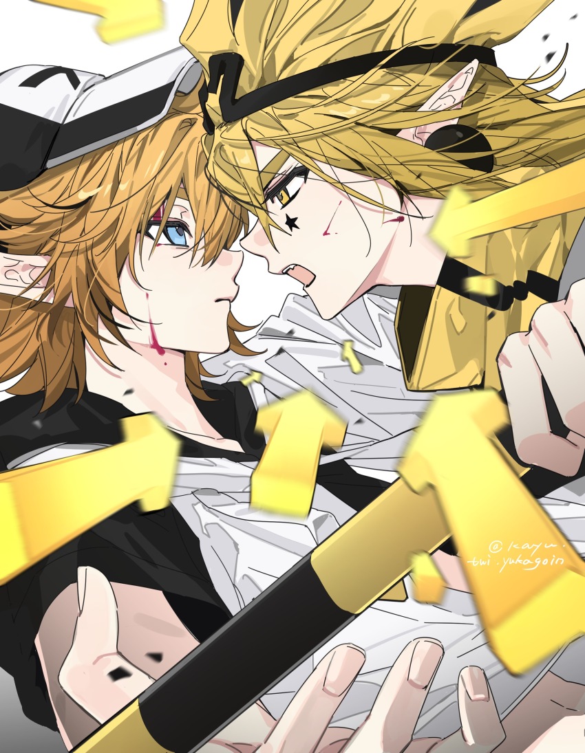 2boys absurdres aotu_world arrow_(symbol) battle black_hairband blonde_hair blood blood_on_face blue_eyes duel earrings eye_contact face-to-face facial_mark godrose_(aotu_world) hairband hat highres holding holding_weapon hood hoodie imminent_kiss jewelry kayu_(yukagoin) king_(aotu_world) looking_at_another male_focus multiple_boys open_mouth pointy_ears profile scarf shirt short_hair simple_background upper_body weapon white_background white_hoodie white_shirt yaoi yellow_eyes yellow_scarf