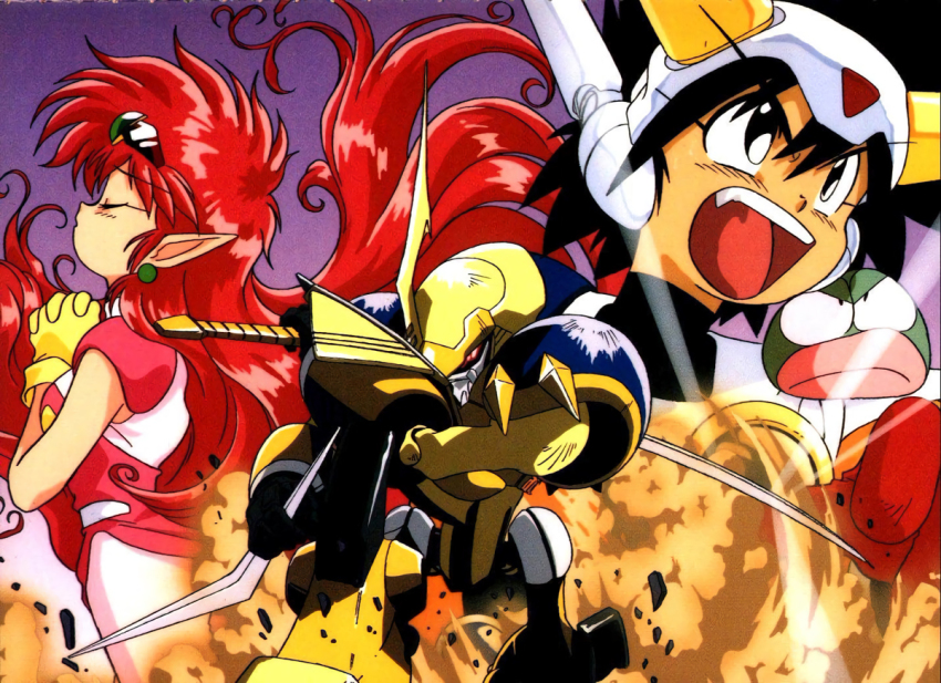 1990s_(style) 1boy 1girl arara_milk baba_lamune black_eyes black_hair earrings closed_eyes fang floating_hair gloves headgear holding holding_sword holding_weapon jewelry long_hair mecha ng_knight_lamune_&amp;_40 non-web_source official_art open_mouth own_hands_together pointy_ears prayer red_hair retro_artstyle robot sword tama-q weapon yellow_gloves
