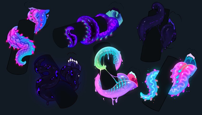 alien_tongue black_background black_teeth black_tongue blue_teeth blue_tongue colored_teeth colored_tongue extra_eyes fangs green_tongue highres houndeater open_mouth original pink_tongue purple_tongue saliva simple_background teeth tentacle_tongue tongue tongue_out upper_teeth_only