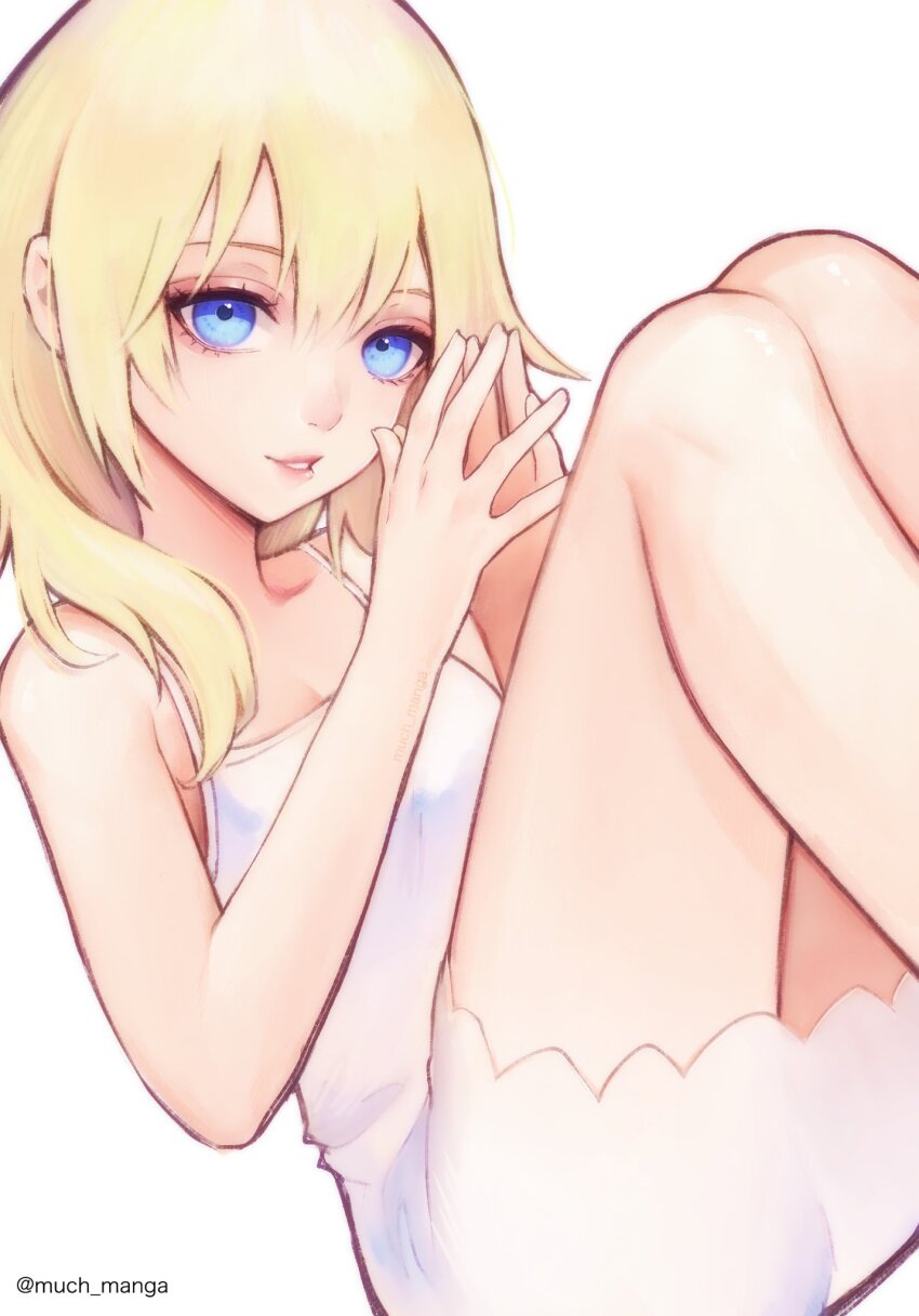 1girl bare_shoulders blonde_hair blue_eyes commentary dress english_commentary grin hair_between_eyes highres invisible_chair kingdom_hearts kingdom_hearts:_chain_of_memories kingdom_hearts_ii lips long_hair much_manga namine own_hands_together parted_lips pink_lips short_dress simple_background sitting sleeveless sleeveless_dress smile solo twitter_username white_background