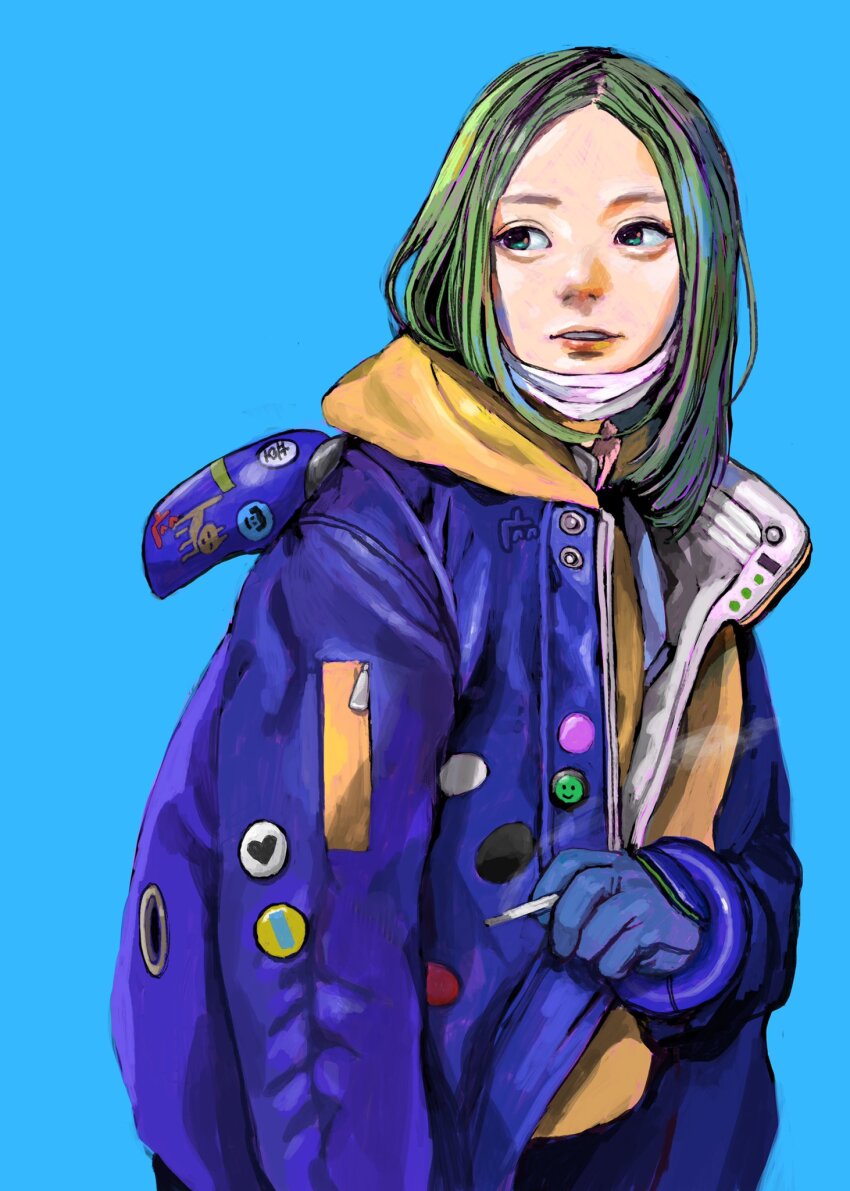 1girl aqua_eyes badge blue_background blue_jacket button_badge cigarette gloves green_hair highres holding holding_cigarette hood hood_down hoodie jacket junjunforever mask mask_pull medium_hair mouth_mask open_clothes open_jacket original parted_bangs parted_lips smile smoking solo surgical_mask upper_body