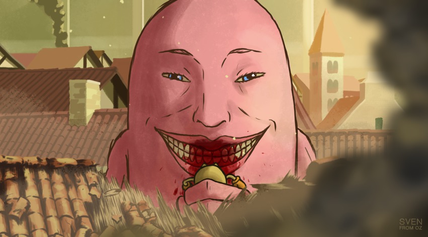 artist_name bald blood blood_from_mouth blood_on_face chimney eating holding lips outdoors pac-man pac-man_(game) parody pinky_(pacman) shingeki_no_kyojin smile smoke sven_from_oz teeth tile_roof titan_(shingeki_no_kyojin) village
