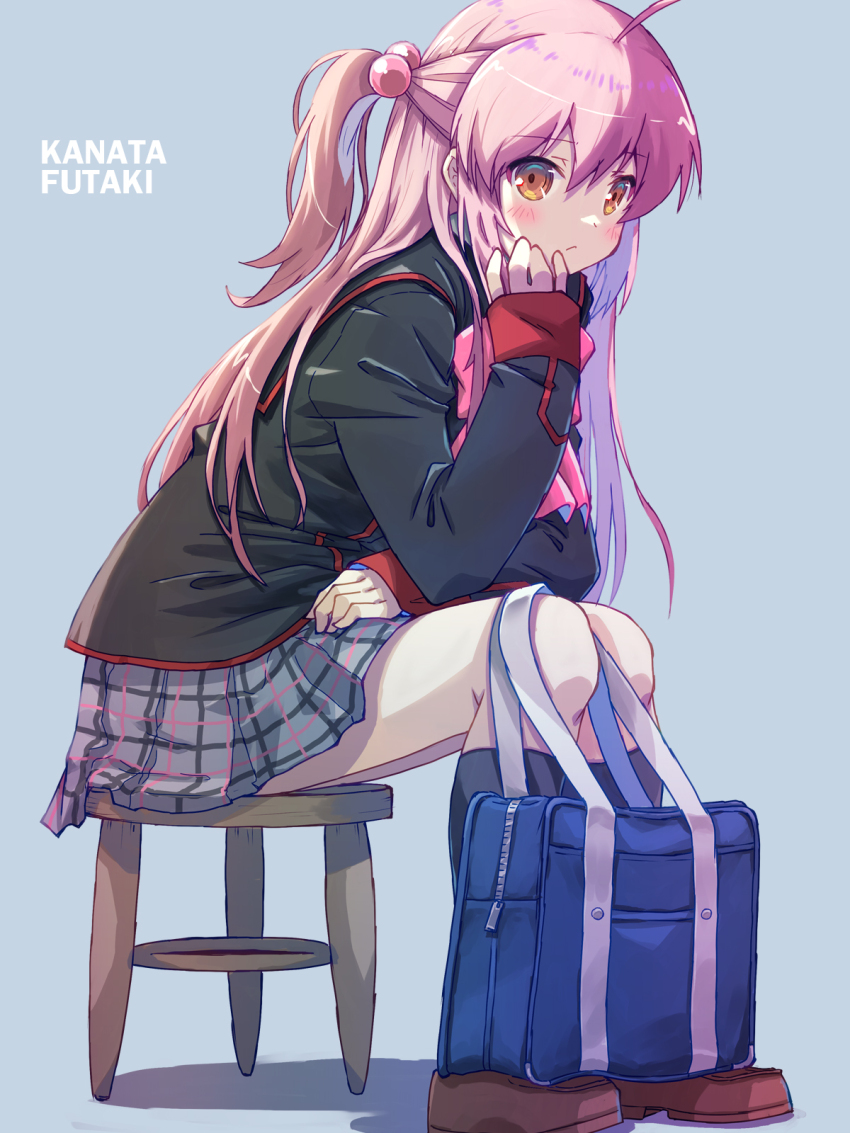 1girl :/ ahoge akayama_yukihe bag black_jacket black_socks blazer blush brown_shoes character_name closed_mouth commentary_request from_side frown full_body futaki_kanata grey_background grey_skirt hair_between_eyes hair_bobbles hair_ornament half_updo head_rest highres jacket kneehighs leaning_forward little_busters! little_busters!_school_uniform loafers long_hair long_sleeves looking_at_viewer miniskirt on_chair plaid_clothes plaid_skirt ponytail purple_hair school_uniform shoes short_ponytail shoulder_bag sidelighting sidelocks simple_background sitting skirt sleeves_past_wrists socks solo very_long_hair yellow_eyes