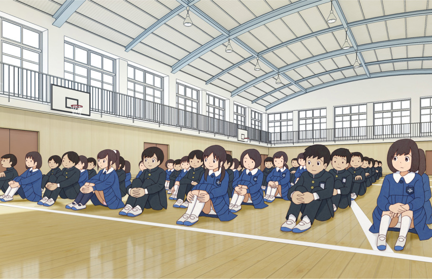 6+boys 6+girls basketball_hoop black_hair black_jacket black_pants blue_jacket blue_skirt brown_hair ceiling_light crotch_seam door gym jacket kiyo_(kyokyo1220) knees_up multiple_boys multiple_girls original panties pants pantyshot pleated_skirt ponytail school_uniform shoes sitting skirt striped_clothes striped_panties underwear upskirt white_panties white_shoes window
