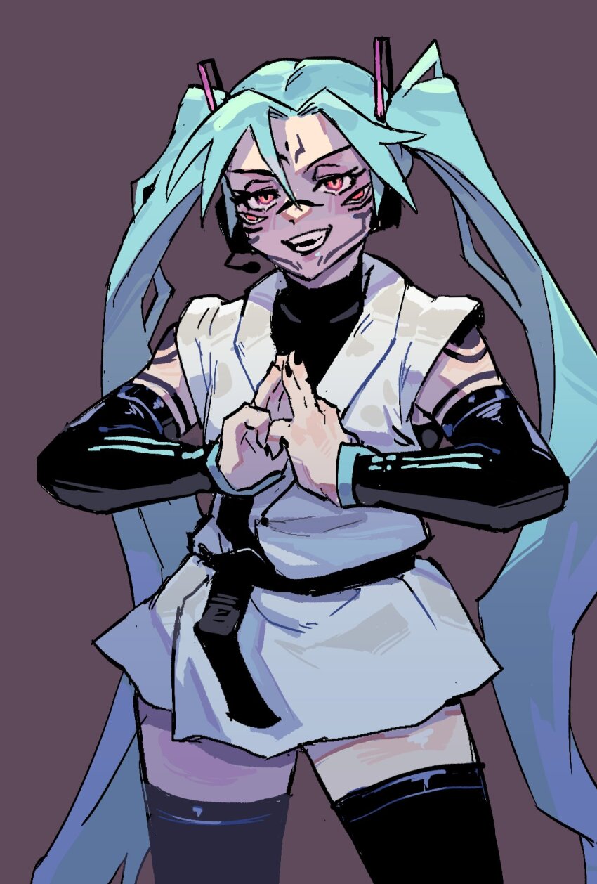 1girl aqua_hair belt black_belt black_shirt black_thighhighs boom_microphone crossover dougi extra_eyes facial_mark fusion grin hatsune_miku headphones highres jujutsu_kaisen long_hair nycnouu open_mouth red_eyes ryoumen_sukuna_(jujutsu_kaisen) shirt smile solo thighhighs twintails vocaloid zettai_ryouiki