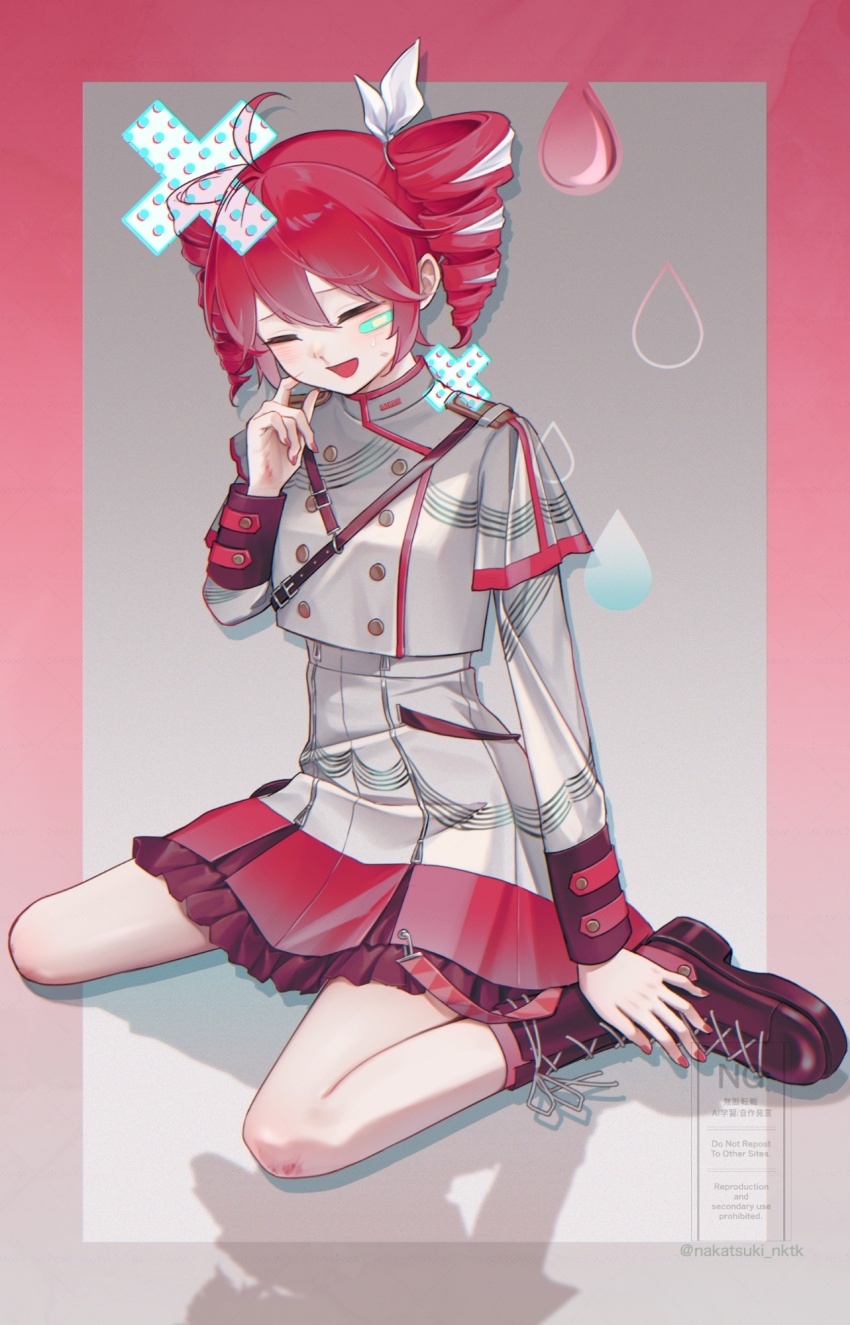 1girl ahoge ankle_boots ankle_socks arm_at_side bandaid bandaid_on_face black_boots black_sleeve_cuffs blush boots border bow buttons dame_ningen_da_(utau) double-breasted drill_hair full_body grey_background grey_jacket grey_skirt hair_between_eyes hair_ribbon hand_up highres index_finger_raised jacket juliet_sleeves kasane_teto kasane_teto_(sv) layered_skirt layered_sleeves long_sleeves musical_staff musical_staff_print nakatsuki_nktk open_mouth outside_border platform_boots puffy_sleeves red_border red_hair red_skirt red_socks red_trim ribbon shadow sitting skirt socks solo striped_clothes striped_jacket striped_skirt synthesizer_v twin_drills utau wariza white_bow white_ribbon