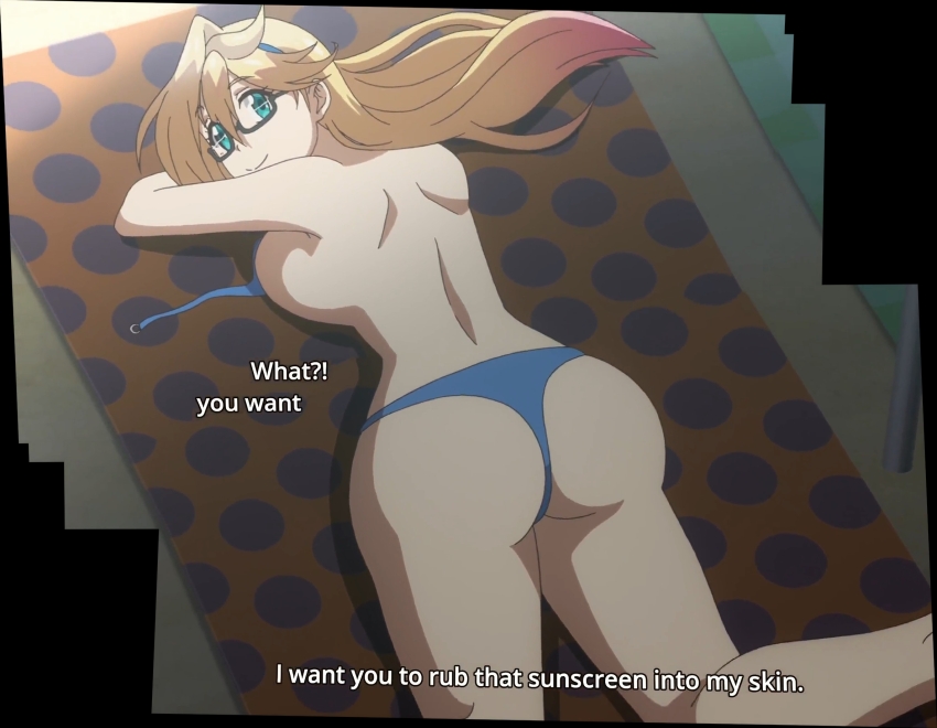 1girl ahegao_w_peace_sensei ass bikini blonde_hair blue_bikini breast_press breasts come_hither glasses green_eyes hairband highres huge_ass large_breasts legs long_hair looking_at_viewer looking_back lying on_stomach ore_ga_suki_nano_wa_imouto_dakedo_imouto_janai sideboob smile solo stitched swimsuit teacher the_pose thighs third-party_edit thong_bikini topless_female unworn_bikini_top