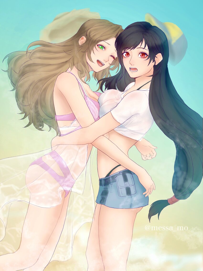 2girls absurdres aerith_gainsborough aerith_gainsborough_(sunny_robe) ass bare_shoulders beach bikini bikini_under_clothes black_bikini black_hair breasts breasts_squeezed_together brown_hair cardigan cleavage cowboy_shot crop_top final_fantasy final_fantasy_vii final_fantasy_vii_ever_crisis final_fantasy_vii_remake green_eyes grey_skirt hair_tie hat highres hug large_breasts long_hair looking_at_viewer low-tied_long_hair medium_breasts messa_mo microskirt midriff multiple_girls official_alternate_costume one_eye_closed open_mouth parted_bangs pink_bikini red_eyes shirt short_sleeves sidelocks skirt smile swimsuit thighs tifa_lockhart tifa_lockhart_(lifeguard) twitter_username unworn_hat unworn_headwear wavy_hair wet wet_clothes wet_shirt white_cardigan white_shirt yuri