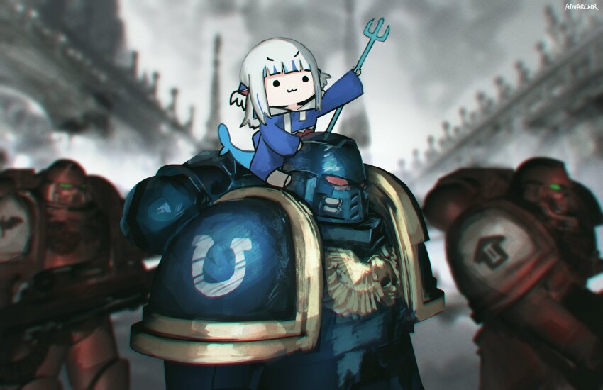 1girl 3boys absurdres adeptus_astartes advarcher armor artist_name blood_ravens blue_dress blurry blurry_background bob_cut bolter chibi commentary cowboy_shot crossover dress english_commentary fins fish_tail full_body gawr_gura grey_hair gun helmet highres holding holding_gun holding_polearm holding_weapon hololive hololive_english long_sleeves medium_hair meme multiple_boys pauldrons polearm power_armor shark_girl shark_tail sharp_teeth shoulder_armor smile smol_gura space_marine standing tail teeth trident ultramarines upper_body virtual_youtuber warhammer_40k weapon
