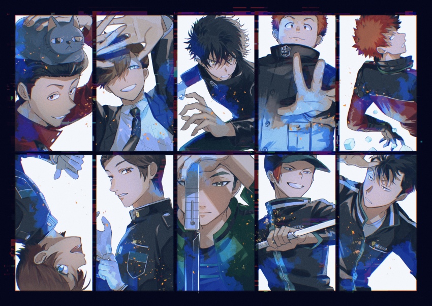 6+boys absurdres animal animal_on_head aqua_eyes arafune_tetsuji arm_up baseball_cap black_hair black_headwear black_jacket black_necktie black_pants blonde_hair border cat cat_on_head collared_shirt column_lineup cube dress_shirt fighting_stance formal_clothes gloves green_jacket grin hair_over_one_eye hand_up hands_up hat highres hokari_atsushi ikoma_tatsuhito interlocked_fingers inukai_sumiharu jacket kageura_masato kitazoe_hiro kurauchi_kazuki kuzumiya_yuyu light_smile long_sleeves looking_at_viewer looking_away looking_back male_focus multiple_boys murakami_kou necktie on_head one_eye_covered ouji_kazuaki outstretched_arms own_hands_together pants pompadour profile putting_on_gloves reaching reaching_towards_viewer red_hair red_jacket reverse_grip shirt short_hair smile spiked_hair suit swept_bangs sword touma_isami uniform upside-down weapon white_gloves white_shirt world_trigger yellow_eyes