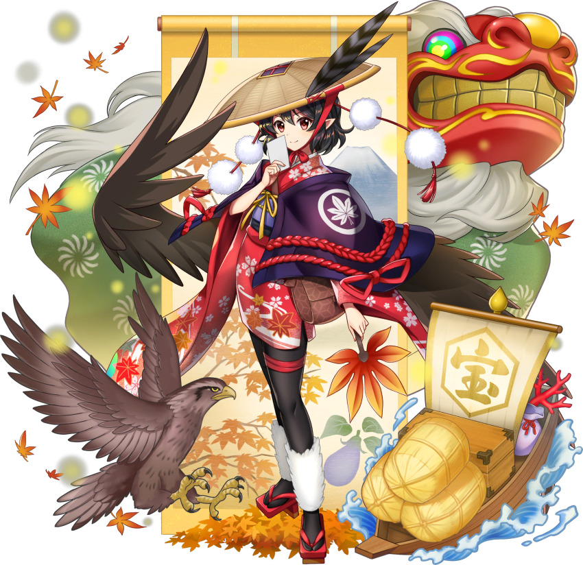 1girl ajirogasa alternate_costume alternate_headwear autumn_leaves bird bird_wings black_hair black_kimono black_pantyhose brown_hat brown_wings closed_mouth coral eagle falling_leaves full_body furisode game_cg geta hand_fan hanging_scroll hat hat_feather hauchiwa highres holding holding_fan japanese_clothes kimono leaf leaf_print lion_dance long_sleeves looking_at_viewer maple_leaf maple_leaf_print new_year obi obijime official_art pantyhose pointy_ears red_eyes red_sandals rotte_(1109) sailing_ship sandals sash scroll shameimaru_aya shameimaru_aya_(business-is-booming_newspaper_reporter) shishimai short_hair smile solo straw_bag tengu-geta third-party_source touhou touhou_lostword translation_request transparent_background wide_sleeves wings