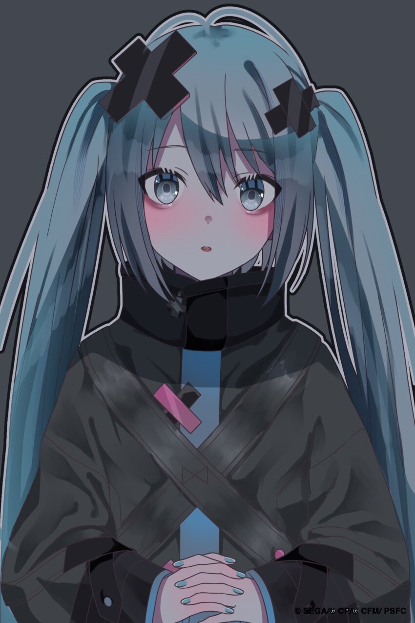 1girl :o belt blue_eyes blue_hair blue_nails blush hair_ornament hatsune_miku high_collar highres interlocked_fingers looking_at_viewer nurimas project_sekai reno_(re_leno) sidelocks solo sparkle twintails upper_body x_hair_ornament