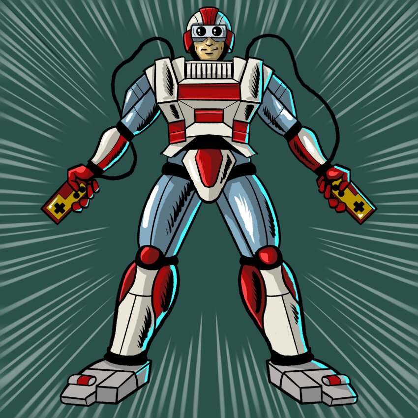 1boy armor blue_armor commentary_request controller dual_wielding emphasis_lines famicom famicom_gamepad full_body game_console game_controller gloves green_background grey_footwear helmet highres holding holding_controller holding_game_controller imamura_takaya looking_ahead male_focus nintendo personification power_suit red_armor red_footwear red_gloves red_helmet simple_background smile solo standing visor_(armor) white_armor white_helmet wiring