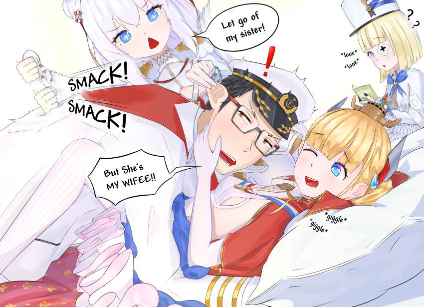 +_+ 1boy 3girls ? ?? azur_lane black_hair blonde_hair blue_eyes bob_cut book breasts cape capelet commander_(azur_lane) crown double_bun dress english_text eyepatch glasses hair_bun hair_ornament hat highres jacket le_malin_(azur_lane) le_terrible_(azur_lane) le_triomphant_(azur_lane) long_hair long_sleeves military_hat military_jacket mister_varkat multiple_girls one_eye_closed open_mouth original pantyhose red_cape short_hair sideboob sidelocks speech_bubble white_capelet white_dress white_hair white_hat white_pantyhose
