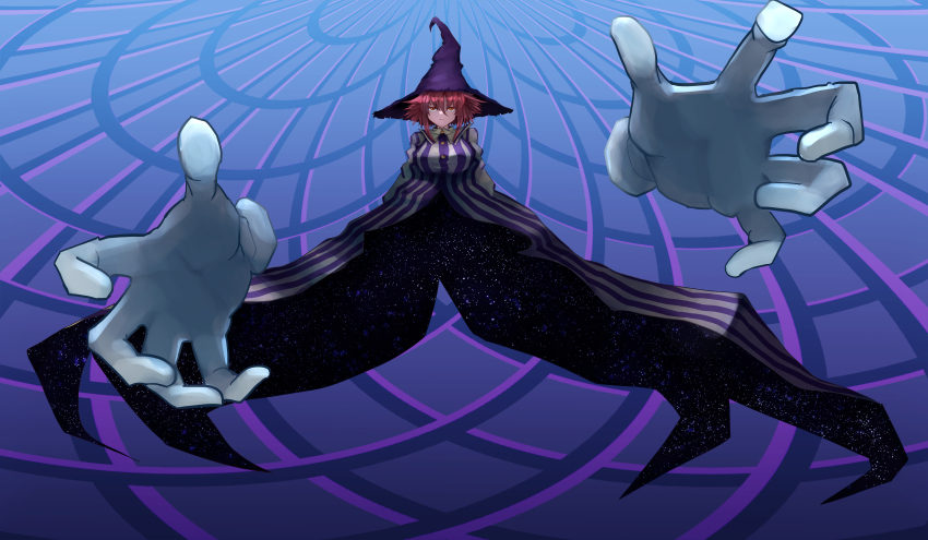 1girl absurdres artist_request breasts brown_eyes brown_hair buttons expressionless extra_hands floating gloves hat highres houshin_engi invisible kinkouseiba large_breasts looking_at_viewer medium_hair monster_girl no_hands robe serious simple_background solo spiked_hair striped_clothes white_gloves witch_hat