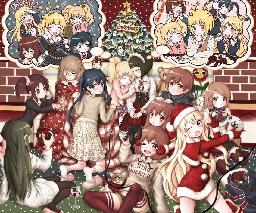 &gt;_&lt; &gt;_o +_+ 10s 1boy 6+girls :/ :3 :d :t ;d ^_^ alice_cartelet alternate_costume alternate_hair_color animal_print argyle_clothes argyle_legwear arm_grab arm_support bell black_bow black_dress black_hair black_legwear black_skirt blanket blazer blonde_hair blue_eyes blue_hair blush blush_stickers bow bowtie box bracelet braid brick_wall brother_and_sister brown_eyes brown_hair camera capelet cardigan casual christmas christmas_ornaments christmas_tree clenched_hands closed_eyes closed_mouth collared_shirt copyright_name corset couch cup dancing_flower dreaming dress drinking_glass english_text everyone fang finger_gun floral_print flower frown fur_trim furby gift gift_box glasses gloom_(expression) gloves green_hair green_shorts hair_bow hair_bun hair_ornament hair_scrunchie half_updo hand_mirror hand_on_another&#039;s_head hand_on_own_cheek hand_on_own_chin hand_on_own_face hand_on_own_forehead hands_on_own_cheeks hands_on_own_face heart heart-shaped_eyes heart_print highres holding holding_camera holding_gift holding_mirror hood hooded_jacket hoodie inokuma_kouta inokuma_mitsuki inokuma_youko jacket jewelry jingle_bell jitome karasuma_sakura kin-iro_mosaic kneeling kokeshi komichi_aya kujou_karen kuzehashi_akari long_hair long_skirt long_sleeves looking_at_another looking_at_viewer looking_back maid_headdress matsubara_honoka merry_christmas mirror mittens multiple_girls neck_ribbon necktie nintendo_64_controller nose_blush off-shoulder off-shoulder_dress off-shoulder_sweater off_shoulder one_eye_closed oomiya_isami oomiya_shinobu open_cardigan open_clothes open_mouth own_hands_together oyume pantyhose pencil_skirt petals plaid_blanket plaid_clothes plaid_skirt plant pleated_skirt pointing polka_dot potted_plant rabbit rabbit_print red_eyes red_flower red_gloves red_legwear red_necktie red_ribbon red_rose red_skirt ribbon ring rose santa_costume school_uniform scrunchie semi-rimless_eyewear shirt short_hair short_sleeves shorts siblings side_ponytail single_hair_bun sisters sitting skirt sleeping slippers smile socks sparkle speech_bubble star_(symbol) striped_bow striped_bowtie striped_clothes striped_neckwear striped_shirt stuffed_animal stuffed_toy sweater table tablecloth tears teddy_bear thighhighs thought_bubble thumbs_up tiara trembling twins twintails under-rim_eyewear union_jack unworn_jacket v_arms very_long_hair wariza watch wavy_mouth white_legwear white_shirt wine_glass wing_collar wristwatch x_hair_ornament xd