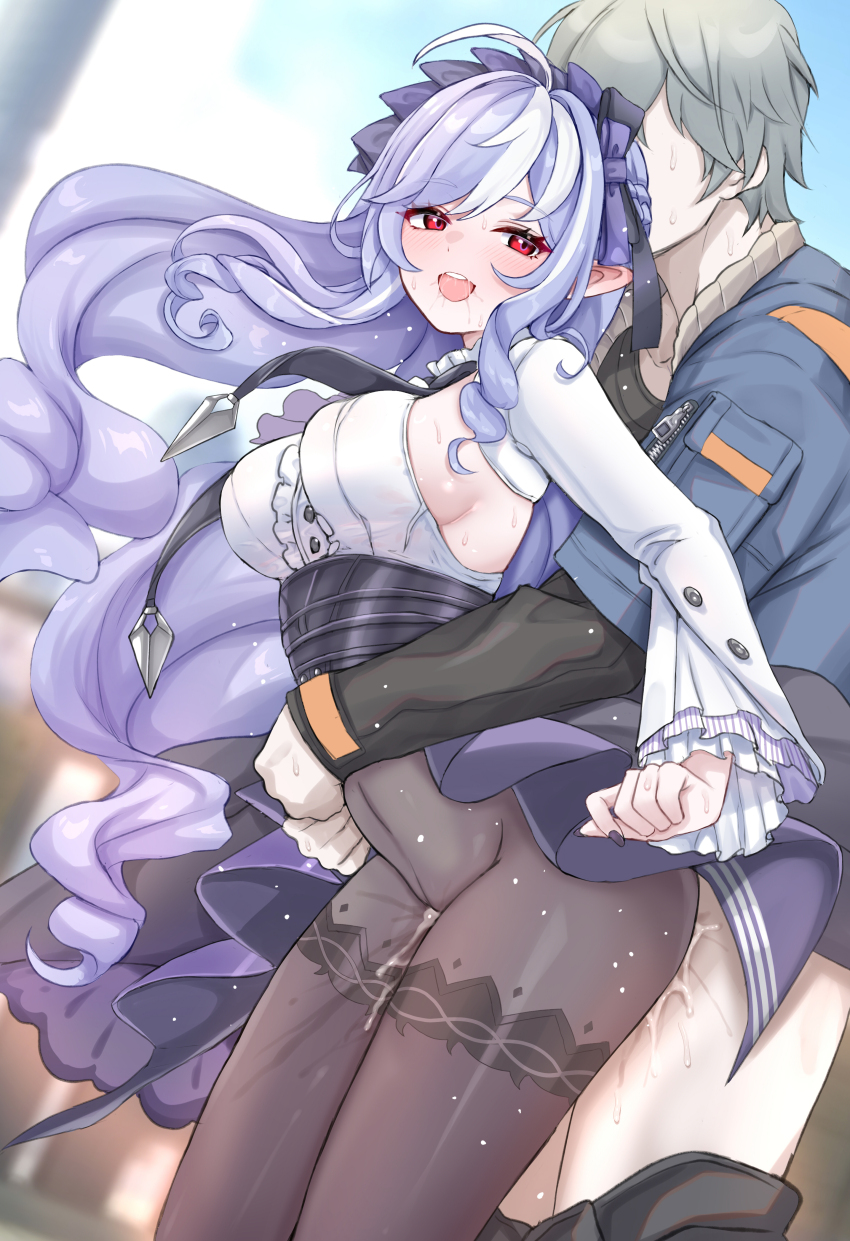 1boy 1girl absurdres afterglow ahoge black_pantyhose black_shirt blue_jacket blue_sky blush bow breasts center_frills clothed_sex commentary couple cum daram_(shappydude) day denim denim_jacket dress frills grey_hair hair_bow hetero high-waist_skirt highres hug hug_from_behind jacket large_breasts large_variant_set long_sleeves looking_at_viewer md5_mismatch mole mole_under_eye multicolored_hair open_mouth outdoors pantyhose patterned_legwear pointy_ears purple_bow purple_eyes purple_hair purple_skirt red_eyes sex sex_from_behind shirt short_hair showgirl_skirt sideboob skirt sky smile streaked_hair teeth two-tone_hair underbust upper_teeth_only variant_set vivian_banshee white_hair white_shirt wise_(zenless_zone_zero) zenless_zone_zero