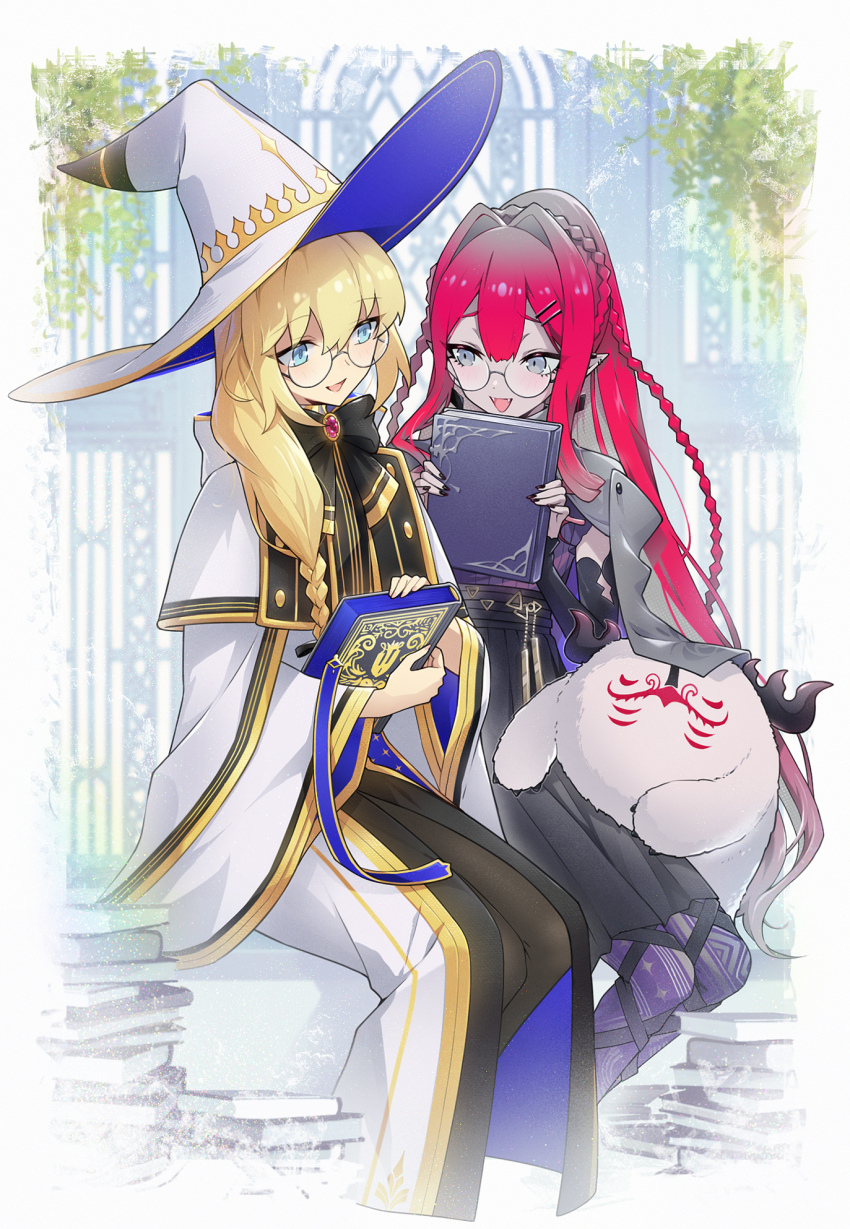 2girls aesc_(fate) aesc_(rain_witch)_(fate) baobhan_sith_(fate) baobhan_sith_(swimsuit_pretender)_(fate) baobhan_sith_(swimsuit_pretender)_(second_ascension)_(fate) black_nails black_pantyhose black_skirt blonde_hair blue_eyes book braid cernunnos_(fate) fangs fate/grand_order fate_(series) glasses grey_eyes hat highres honi_(ohohoni) long_hair multiple_girls pantyhose pile_of_books pink_hair pointy_ears robe side_braid sitting skirt white_robe witch_hat