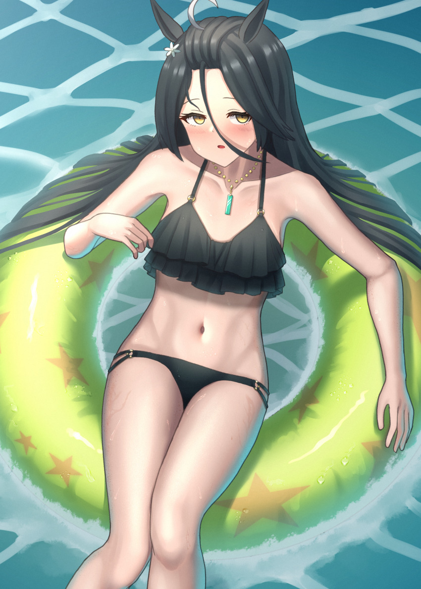 1girl absurdres ahoge animal_ears bakkasu150 bare_shoulders bikini black_bikini black_hair breasts collarbone colored_inner_hair commentary_request earrings feet_out_of_frame groin hair_between_eyes halterneck highres horns horse_ears horse_girl horse_tail innertube jewelry long_bangs long_hair looking_at_viewer manhattan_cafe_(the_bubbles_that_i_see_with_you)_(umamusume) manhattan_cafe_(umamusume) multicolored_hair navel ocean official_alternate_costume ribs single_earring sitting small_breasts smile solo swim_ring swimsuit tail umamusume water yellow_eyes