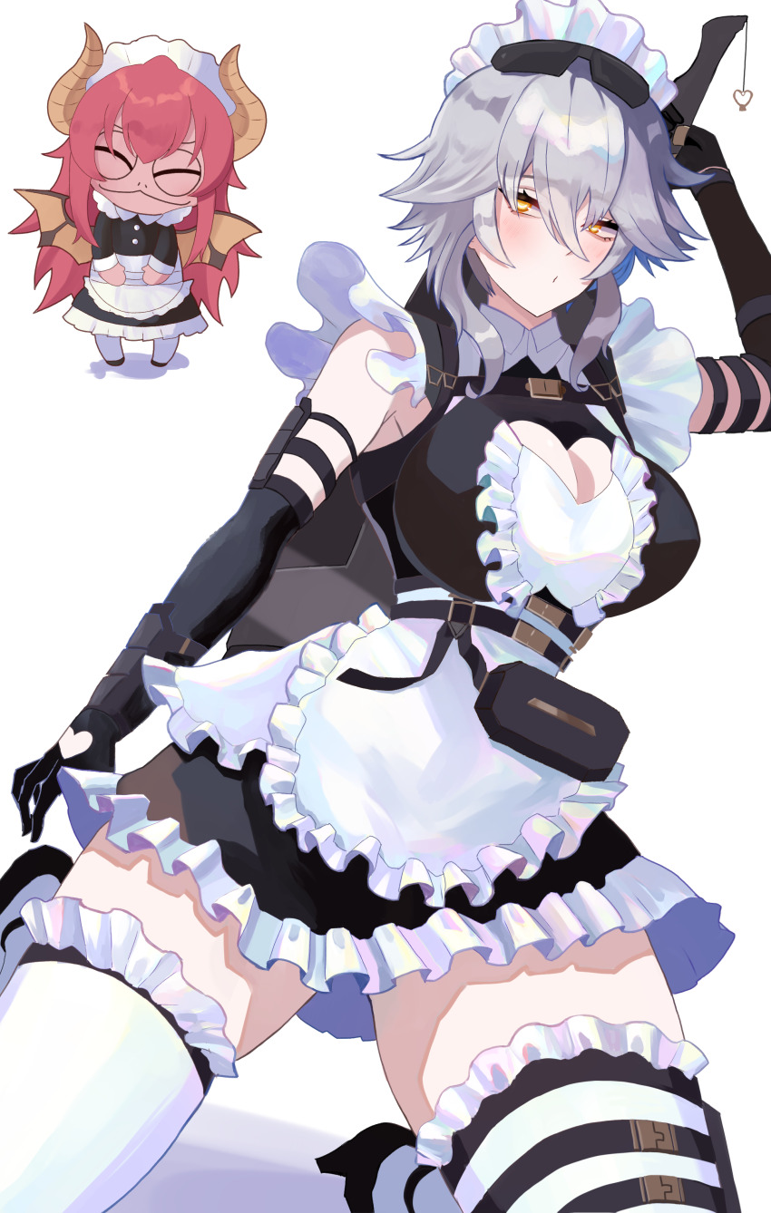 1girl absurdres apron black_dress black_gloves black_shoes breasts cleavage cleavage_cutout closed_mouth clothing_cutout dress elbow_gloves frilled_thighhighs frills gecko_zen gloves grey_hair heart_cutout high_heels highres holding holding_sword holding_weapon large_breasts looking_at_viewer maid maid_apron maid_headdress miei shoes short_hair solo sword thigh_strap thighhighs virtual_youtuber vshojo weapon white_apron white_headdress white_thighhighs yellow_eyes zentreya zentreya_(cyborg)