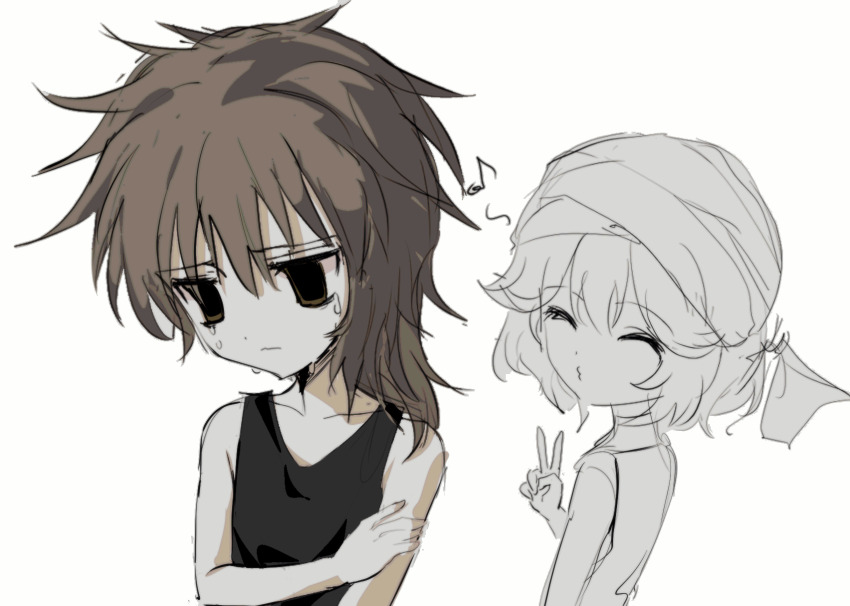 2others androgynous atoymk brown_eyes brown_hair cine_hamal closed_eyes closed_mouth commentary crying crying_with_eyes_open highres korean_commentary kurohebi kuzu_suzumi len&#039;en medium_hair multiple_others musical_note no_headband o3o other_focus short_hair simple_background sketch spoken_musical_note tears v white_background