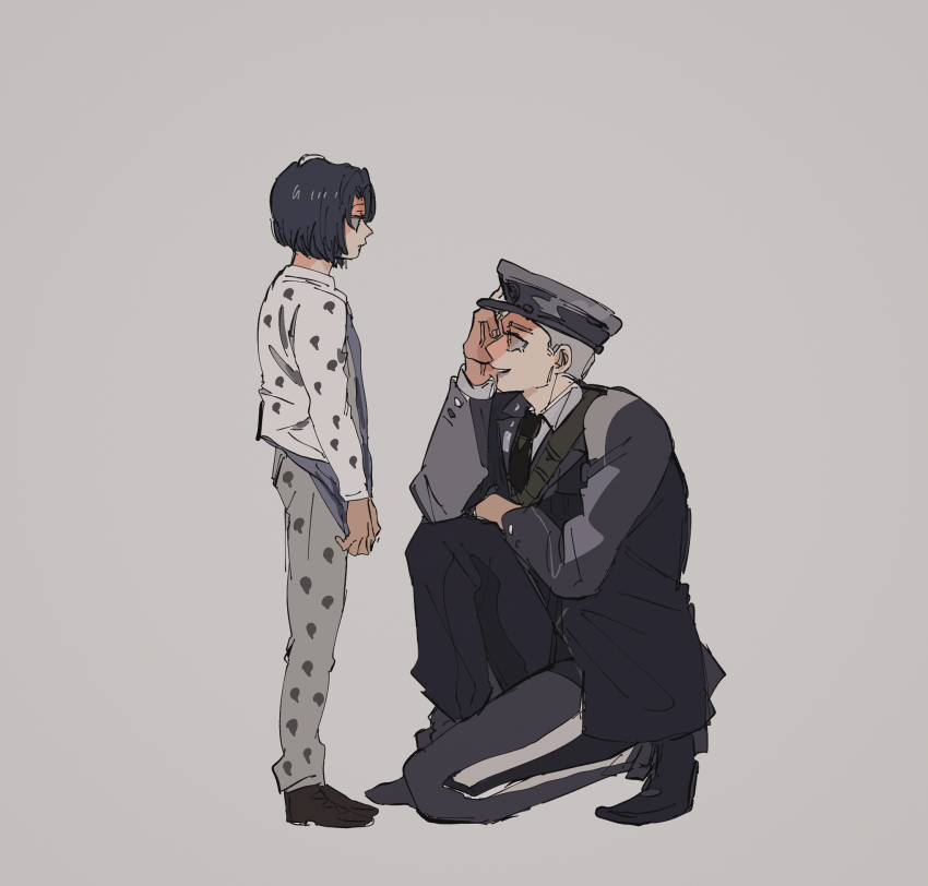 2boys aged_down black_hair bruno_bucciarati hand_on_headwear hat highres jojo_no_kimyou_na_bouken leone_abbacchio long_sleeves male_focus motunikomi multiple_boys on_one_knee police police_hat police_uniform simple_background standing time_paradox vento_aureo