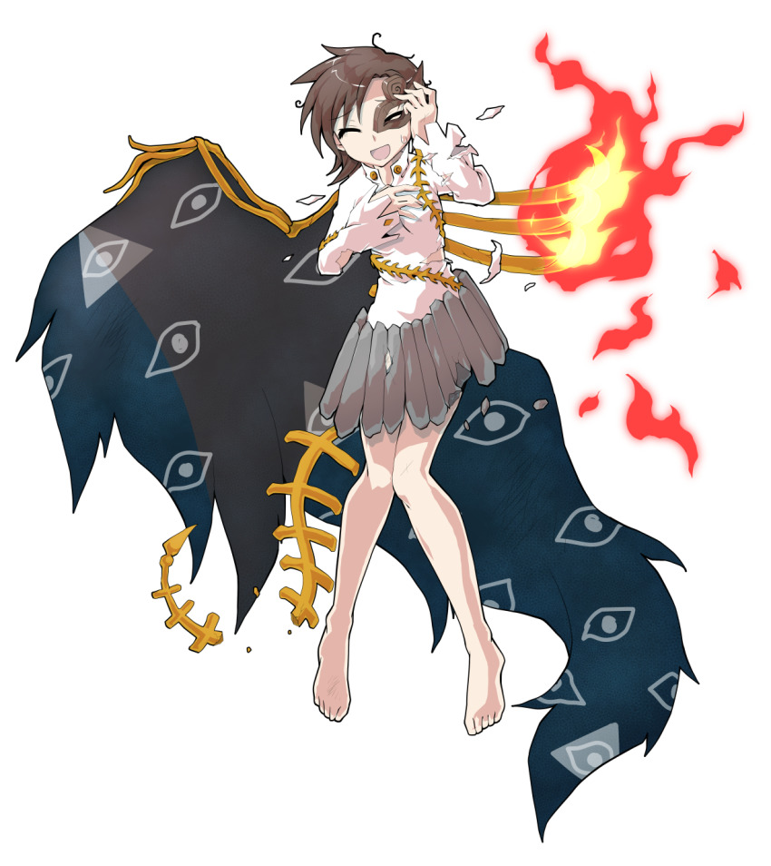 1girl alphes_(style) barefoot breasts brown_hair collared_shirt commentary_request dairi eye_mask eye_of_providence eye_print fire full_body hand_up highres iwanaga_ariya large_variant_set long_sleeves mask medium_breasts parody shirt short_hair solo style_parody tachi-e torn_clothes touhou transparent_background variant_set white_sleeves wings