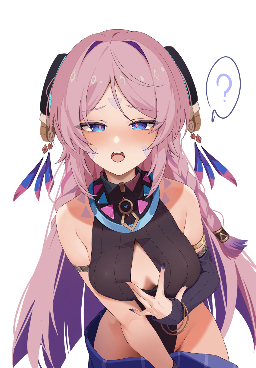 1girl ? absurdres armlet black_leotard black_nails black_sleeves blue_eyes blunt_tresses blush body_markings bracelet braid breasts chobonu citlali_(genshin_impact) cleavage_cutout clothing_cutout colored_inner_hair crotch detached_sleeves embarrassed facial_mark feather_hair_ornament feathers genshin_impact gold gradient_hair hair_intakes hair_ornament hair_rings hair_tubes highleg highleg_leotard highres jewelry leotard long_hair multicolored_hair open_mouth partially_undressed pink_hair pink_pupils purple_hair purple_skirt sidelocks skirt skirt_tug sleeveless_turtleneck_leotard solo spoken_question_mark spread_cleavage triangle triangle_facial_mark triangle_print twin_braids white_background