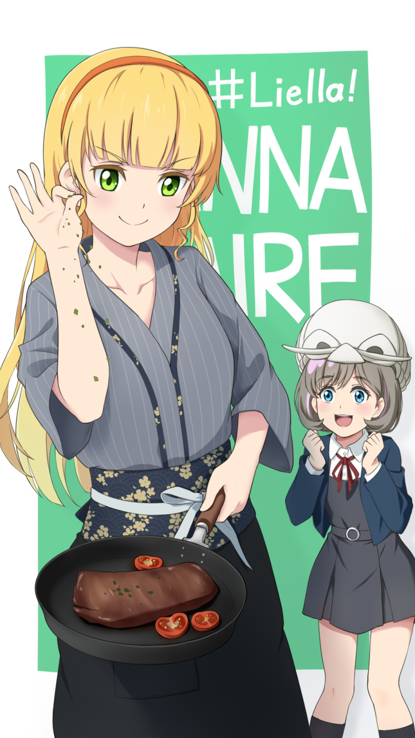 2girls animal_hat birthday blonde_hair blue_eyes character_name collarbone commentary cooking english_text food frying_pan green_eyes grey_hair group_name hairband hashtag hat heanna_sumire highres isopod japanese_clothes kimono laofuzi_dai_bansho long_hair love_live! love_live!_superstar!! meme multiple_girls obi orange_hairband revision salt_bae_(meme) sash school_uniform short_hair sprinkling standing steak tang_keke tomato winter_uniform yuigaoka_school_uniform yukata