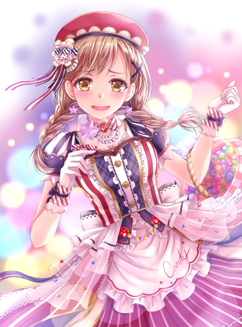 1girl alternate_hairstyle bang_dream! basket beret blonde_hair blurry blush bokeh bow bowtie braid brooch candy candy_hair_ornament center_frills clenched_hand commentary_request depth_of_field dress embarrassed female_focus food food-themed_hair_ornament frills gloves hair_ornament hair_ribbon hand_up hat highres holding holding_candy holding_food holding_lollipop ichigaya_arisa jewelry lollipop long_hair looking_at_viewer necklace open_mouth overskirt pearl_necklace red_hat ribbon rirachoko shoulder_ribbon smile solo star_(sky) star_(symbol) striped_bow striped_bowtie striped_clothes striped_neckwear striped_ribbon twin_braids white_gloves x_hair_ornament yellow_eyes