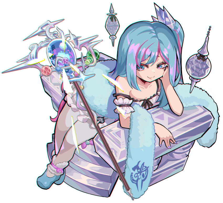 1girl :3 aqua_eyes aqua_hair boots breasts camisole closed_mouth collarbone crystal frilled_anklet hand_on_own_cheek hand_on_own_face hei_niao highres long_hair off_shoulder pantyhose rilliona_(yu-gi-oh!) scepter side_ponytail simple_background sitting small_breasts smile smug solo white_background white_camisole white_pantyhose witchcrafter_madame_verre yu-gi-oh!