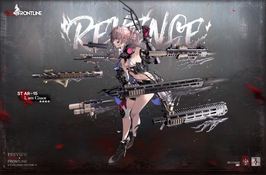 1girl ar-15 assault_rifle bikini bikini_top_only blue_eyes damaged foregrip full_body gas_mask girls&#039;_frontline gun highres laser_sight lin+ long_hair mask mechanical_arms multicolored_hair navel official_alternate_costume official_art optical_sight pink_hair ponytail rifle solo st_ar-15_(girls&#039;_frontline) st_ar-15_(i_am_chaos)_(girls&#039;_frontline) streaked_hair suppressor swimsuit vertical_foregrip weapon white_bikini