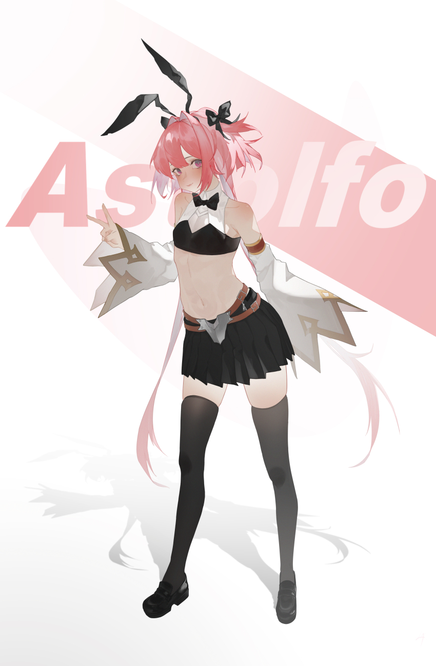 1boy absurdres astolfo_(fate) astolfo_(saber)_(fate) astolfo_(saber)_(first_ascension)_(fate) black_bow blush bow fate/grand_order fate_(series) full_body hair_intakes highres long_hair looking_at_viewer male_focus multicolored_hair pantyhose pink_hair smile solo streaked_hair trap user_ytrh7233 v