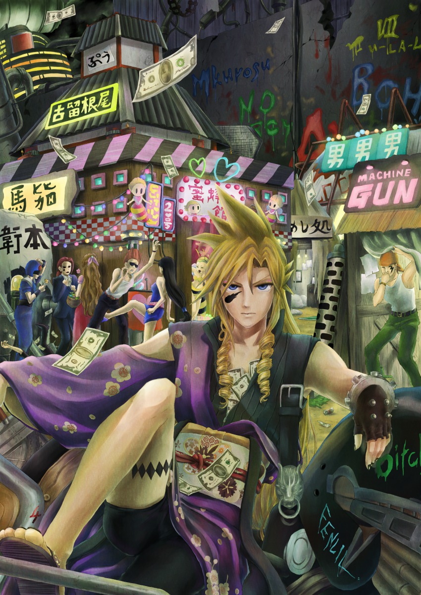 1990s_(style) 2girls 5boys aerith_gainsborough alternate_costume bad_id bad_pixiv_id blonde_hair blue_eyes cameo cloud_strife crossdressing crossover dress drill_hair english_text engrish_text final_fantasy final_fantasy_vii graffiti highres japanese_clothes johnny_(ff7) kicking kimono long_hair money multiple_boys multiple_girls nail_polish niboshi514 ranguage retro_artstyle sandals tattoo tifa_lockhart time_paradox very_long_hair wall_market