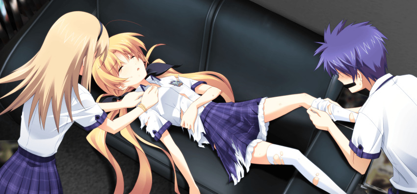 2girls ahoge belt black_belt black_bow black_hairband blonde_hair blue_hair blush bow brother_and_sister buttons chaos;head chaos;head_love_chu_chu! couch exhausted game_cg hair_bow hair_spread_out hairband helping highres leather_belt long_hair lying matsuo_yukihiro miniskirt multiple_girls nishijou_nanami nishijou_takumi nose_blush official_art on_back on_couch open_collar open_mouth orihara_kozue pale_skin pants pervert plaid_clothes plaid_pants plaid_skirt plaid_trim pleated_skirt purple_pants purple_skirt purple_trim removing_thighhigh school_emblem school_uniform shirt short_hair short_sleeves siblings skirt suimei_academy suimei_school_uniform sweatdrop thighhighs torn_clothes torn_shirt torn_skirt torn_sleeves torn_thighhighs twintails undressing undressing_another white_petticoat white_shirt white_thighhighs