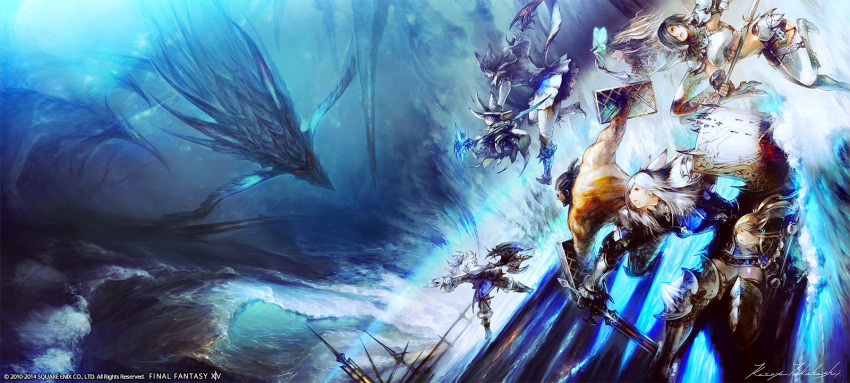 5girls animal_ears armor artist_name axe battle black_hair blonde_hair cat_ears company_name copyright_name copyright_notice dutch_angle eos_(ff14) final_fantasy final_fantasy_xiv gauntlets glowing glowing_eyes greaves highres holding holding_axe holding_shield holding_staff holding_sword holding_weapon hyur lalafell leviathan_(final_fantasy) medium_hair miqo&#039;te monster multiple_girls ocean official_art paladin_(final_fantasy) pointy_ears ponytail red_eyes scholar_(final_fantasy) sea_serpent shield short_hair signature staff sword takahashi_kazuya warrior_(final_fantasy) warrior_of_light_(ff14) water waves weapon white_hair
