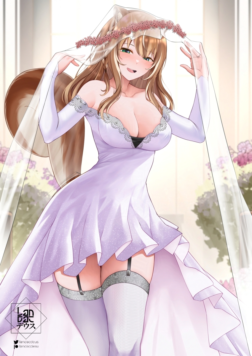 1girl adjusting_clothes alternate_costume animal_ears ayunda_risu bare_shoulders black_tube_top blush breasts bridal_gauntlets bridal_veil brown_hair church cleavage collarbone commentary cowboy_shot dress garter_straps gown green_eyes hair_over_shoulder hands_up high-low_dress highres hololive hololive_indonesia landacdeus large_breasts long_dress long_hair long_veil looking_at_viewer off-shoulder_dress off_shoulder open_mouth patreon_logo patreon_username see-through_clothes see-through_veil smile solo squirrel_ears squirrel_girl squirrel_tail strapless strapless_dress tail thighhighs tube_top twitter_logo twitter_username veil virtual_youtuber watermark wedding_dress white_dress white_thighhighs