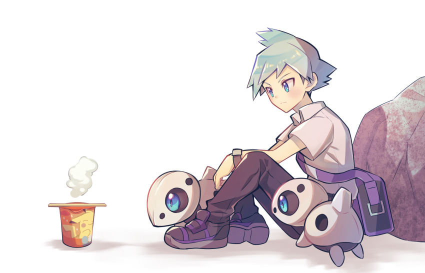 1boy aged_down aqua_eyes aron blush closed_mouth collared_shirt commentary_request game_freak gen_3_pokemon highres looking_down male_focus nintendo pants pokemon pokemon_(creature) pokemon_rse purple_bag rock shirt shoes short_hair short_sleeves sitting steam steven_stone zeroki_(izuno)