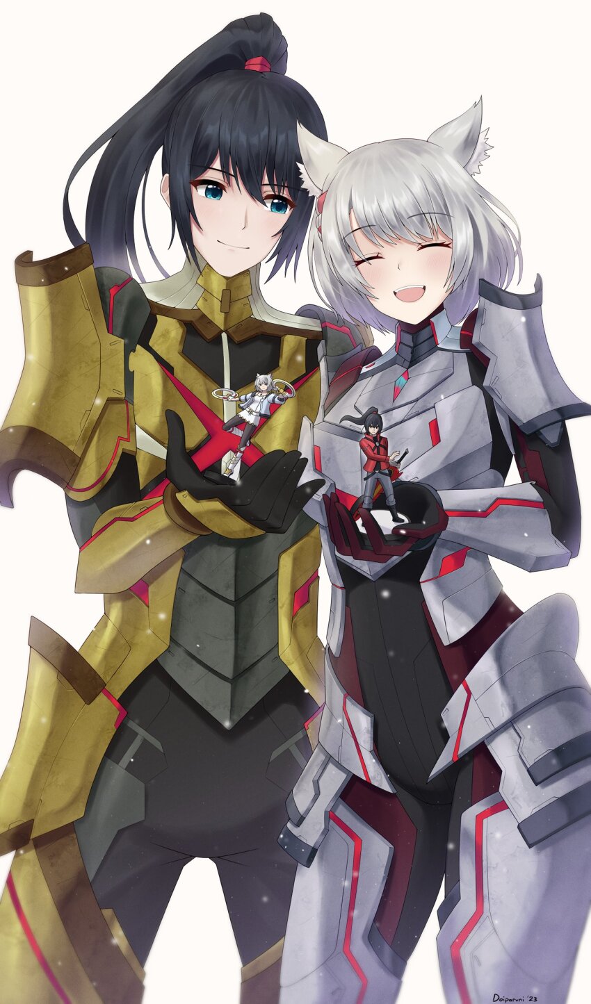 1boy 1girl amiibo animal_ears armor armored_bodysuit black_hair blue_eyes cat_ears chest_jewel doiparuni figure gloves grey_hair highres looking_at_viewer m_(xenoblade) mio_(xenoblade) n_(xenoblade) noah_(xenoblade) official_alternate_costume open_mouth ponytail short_hair shoulder_armor smile xenoblade_chronicles_(series) xenoblade_chronicles_3