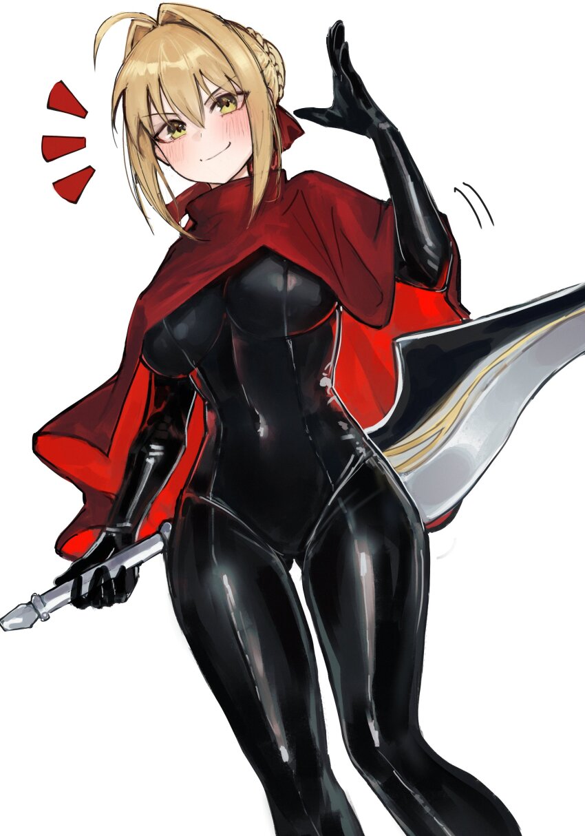 1girl absurdres ahoge blonde_hair blush breasts fate/extra fate_(series) green_eyes hair_intakes highres large_breasts long_sleeves looking_at_viewer medium_hair nero_claudius_(fate) red_ribbon ribbon smile solo yotsutsu428