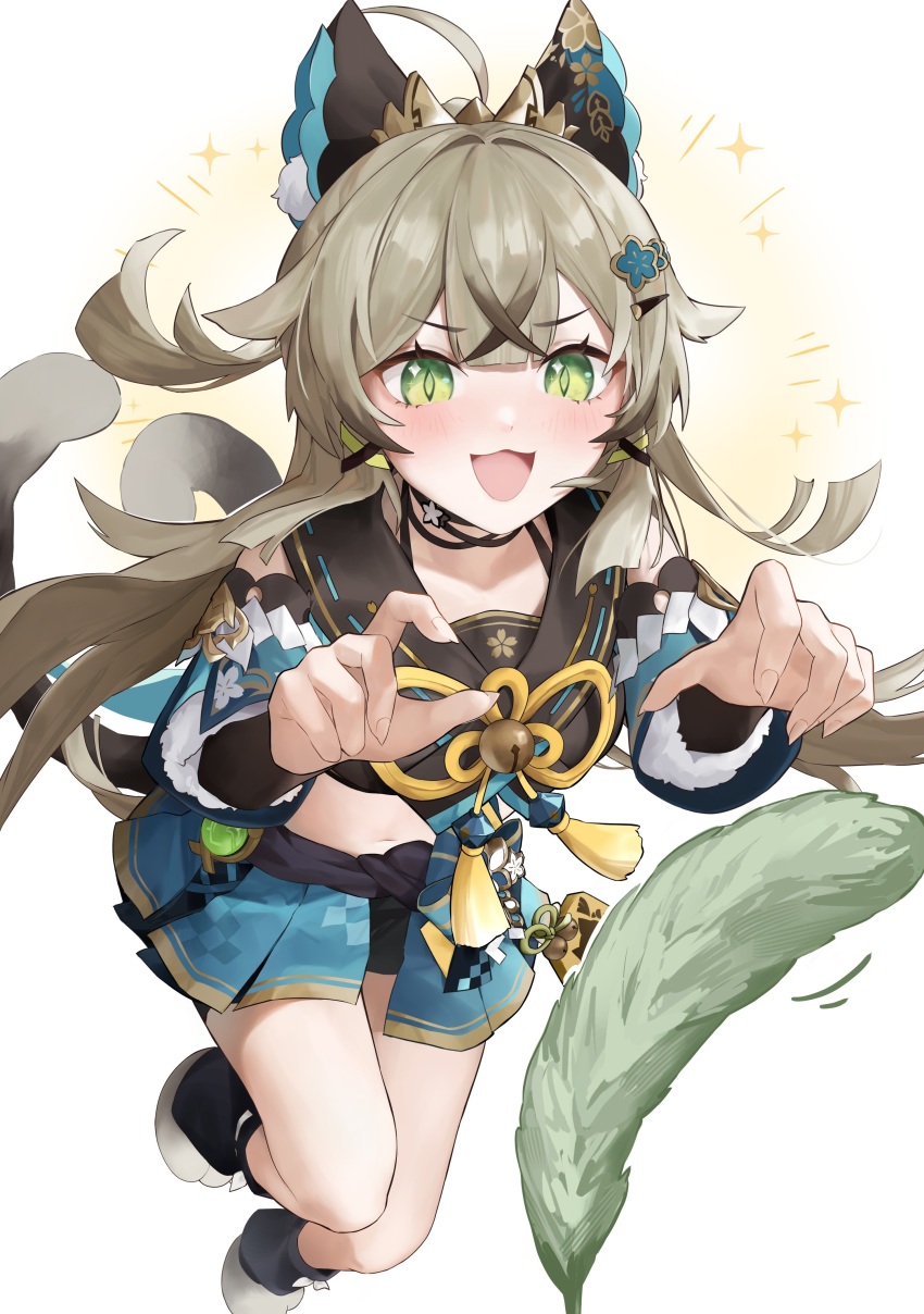 1girl :3 :d absurdres ahoge animal_ears blue_skirt blush brown_hair cat_ears cat_girl cat_tail cat_teaser commentary_request detached_sleeves feral_instincts genshin_impact green_eyes hair_ornament hairclip highres jumping kirara_(genshin_impact) long_hair long_sleeves looking_at_viewer multiple_tails navel open_mouth pleated_skirt reaching ribbon simple_background skirt smile solo sparkle tail taira_(taira_oekaki) tassel two_tails white_background yellow_ribbon