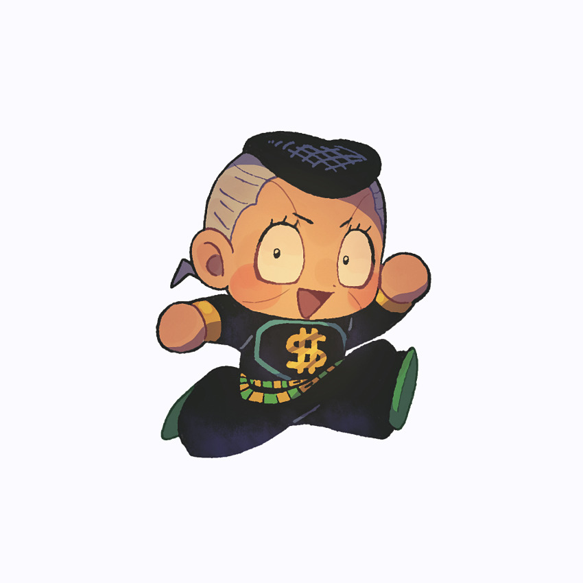 1boy black_hair blush chibi diamond_wa_kudakenai dollar_sign gakuran grey_hair highres jojo_no_kimyou_na_bouken jumping male_focus multicolored_hair nijimura_okuyasu pompadour school_uniform siniy solo two-tone_hair