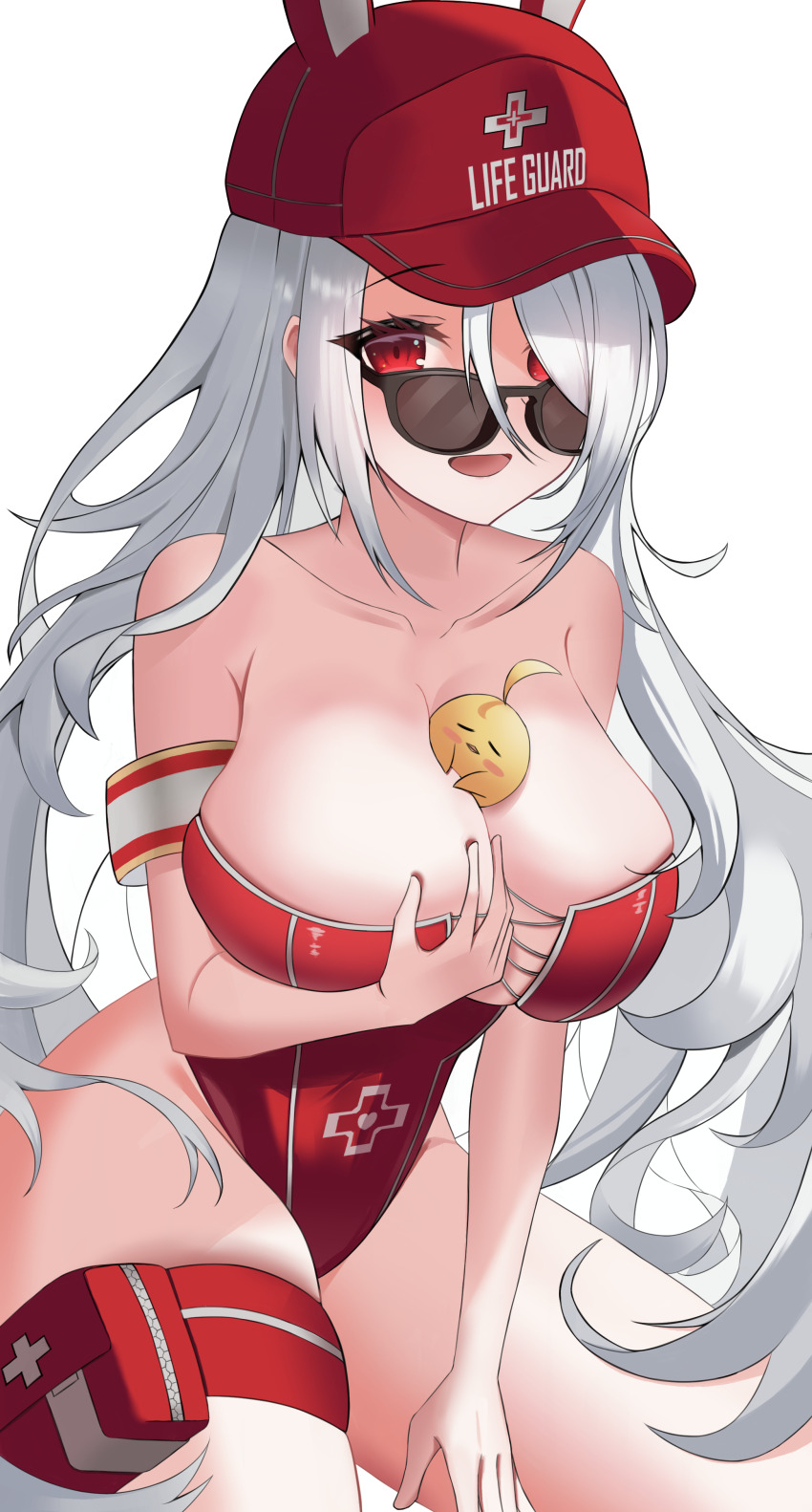 1girl absurdres animal_ears azur_lane bare_shoulders between_breasts black-framed_eyewear breasts casual_one-piece_swimsuit cleavage collarbone commission fake_animal_ears grabbing_own_breast grey_hair hair_over_one_eye hat highres large_breasts lifeguard long_hair looking_at_viewer looking_over_eyewear manjuu_(azur_lane) official_alternate_costume one-piece_swimsuit pixiv_commission pouch prinz_heinrich_(azur_lane) prinz_heinrich_(rabbit_on_watch)_(azur_lane) rabbit_ears red_eyes red_hat red_one-piece_swimsuit simple_background smile solo strapless strapless_one-piece_swimsuit sunglasses swimsuit thigh_pouch thighs white_background wynnblue