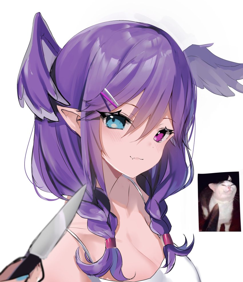 1girl absurdres bare_shoulders blue_eyes blurry braid collarbone commentary depth_of_field english_commentary fang hair_between_eyes hair_ornament hairclip head_wings heterochromia highres inset knife knife_cat_(meme) long_hair looking_at_viewer maru_ccy meme nijisanji nijisanji_en photo_inset pointy_ears portrait purple_eyes purple_hair reference_inset selen_tatsuki shirt simple_background skin_fang twin_braids virtual_youtuber white_background white_shirt wings