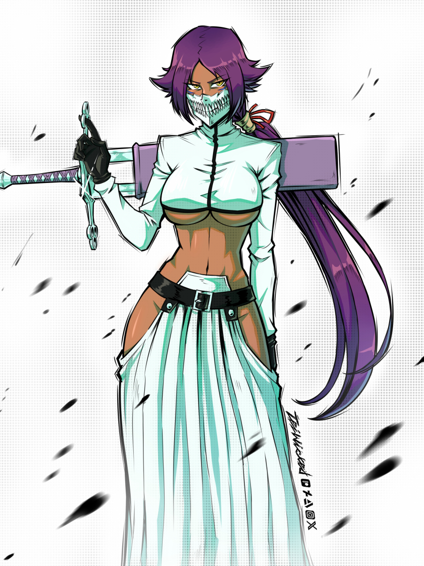 1girl absurdres artist_name belt black_belt black_gloves bleach breasts commentary cosplay dark-skinned_female dark_skin deviantart_logo english_commentary facial_mark gloves highres holding holding_sword holding_weapon huge_breasts instagram_logo large_breasts long_hair long_sleeves mask midriff navel patreon_logo ponytail purple_hair revealing_clothes shihouin_yoruichi simple_background skull_mask solo stomach sword teiwicked tier_harribel tier_harribel_(cosplay) twitter_logo underboob weapon white_background yellow_eyes