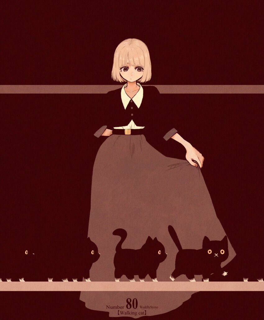 1girl belt black_eyes blending brown_nails brown_skirt cat english_text expressionless highres long_skirt medium_hair original shirt_tucked_in skirt solo syooooyoooo white_hair