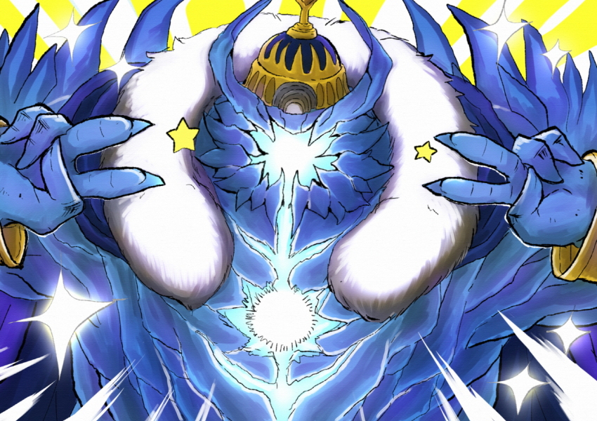1boy blue_cape cape crown double_v emotional_engine_-_full_drive fate/grand_order fate_(series) fur_collar hands_up horns ivan_the_terrible_(fate) looking_at_viewer parody riffle_hunter sparkle star_(symbol) sunburst sunburst_background tusks v yellow_background