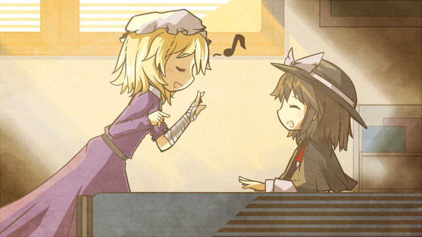 2girls akihiyo bandages blonde_hair bow brown_hair dress closed_eyes hat highres maribel_hearn multiple_girls musical_note ribbon short_hair sunlight touhou trojan_green_asteroid usami_renko window